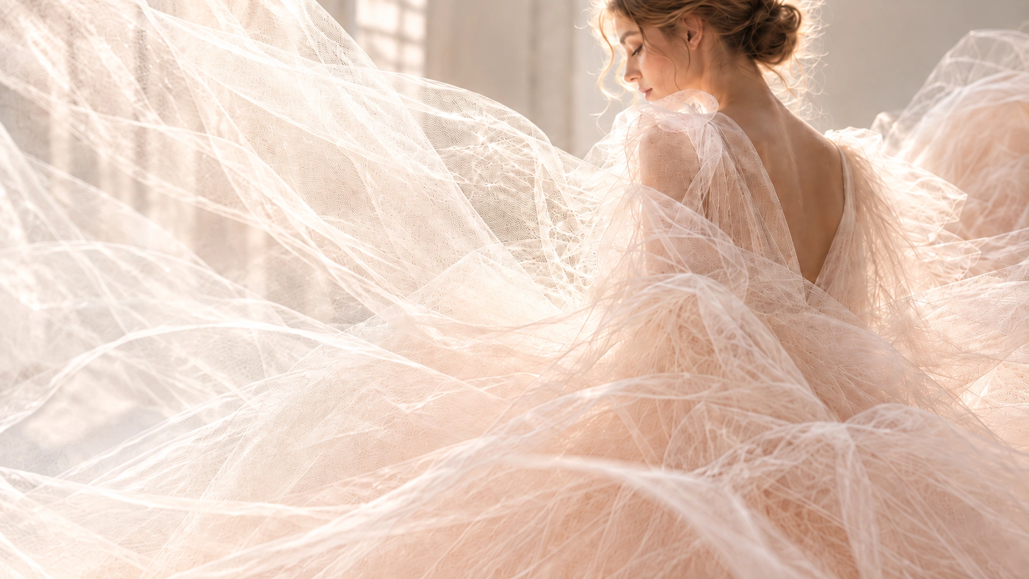Vestido de tul vaporoso en tonos suaves