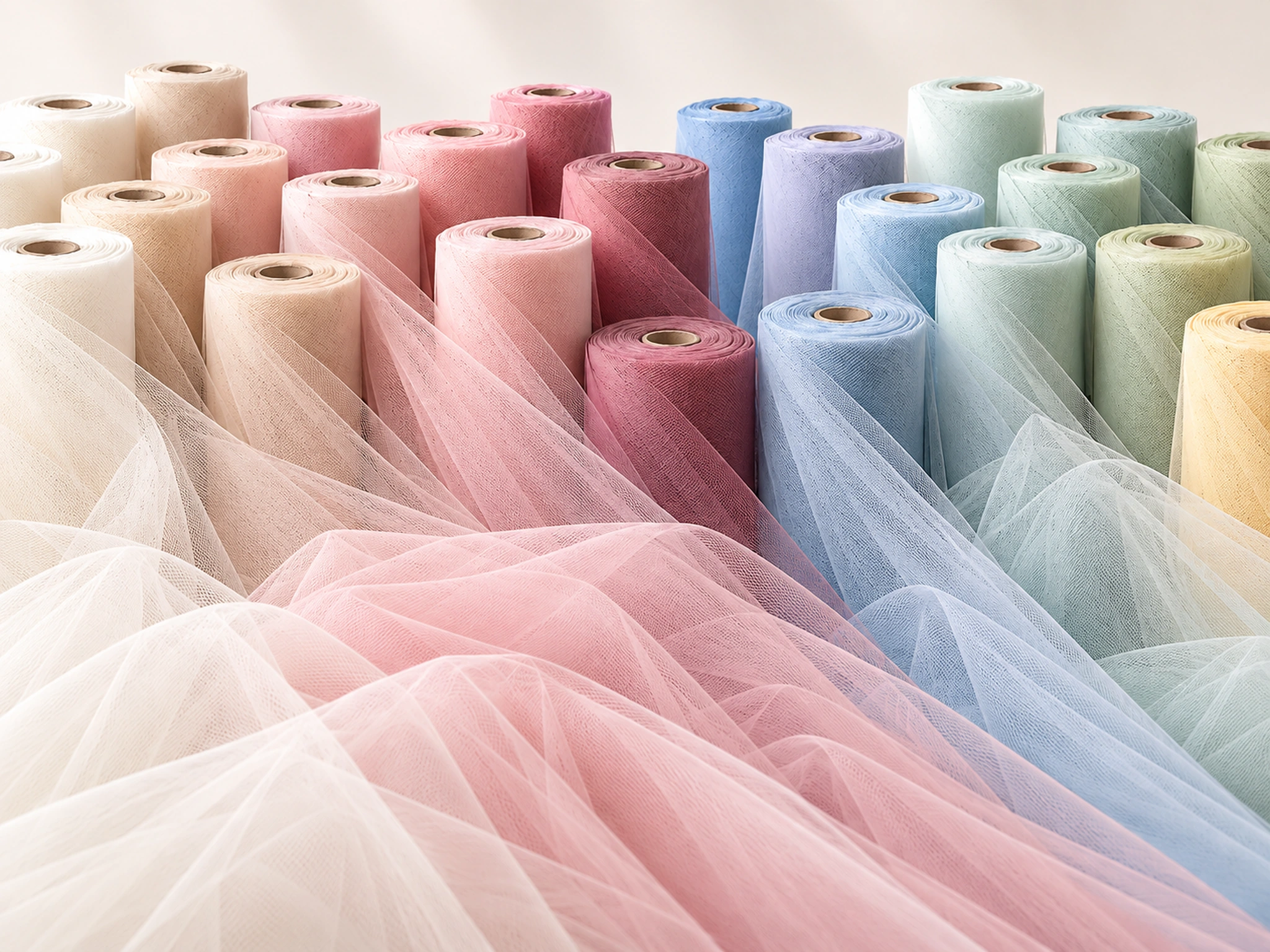 Rollos de tul en tonos marfil, nude, rosa, malva, azul, verde y amarillo